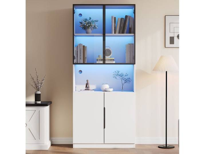 ROVRYN Vitrine blanche LED 80 x 30 x 200 cm avec portes vitrées cadre en aluminium et rangement