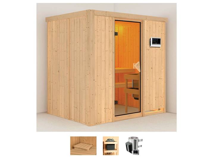 Sauna KARIBU Finja , beige (naturbelassen), Saunaofen, externe Steuerung, 3,6 kW, Saunen, Sauna, Ofen 3,6 kW externe Strg.easy