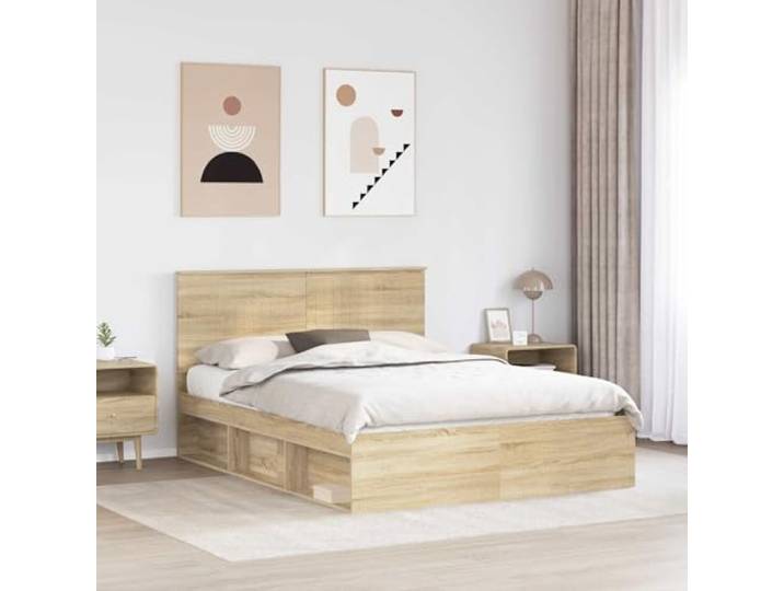 SKTQYQO Bett Eiche Sonoma 150 x 200 cm Kiefer massiv Technisches Holz, feste Latten, minimalistisches Design, Doppelzimmer