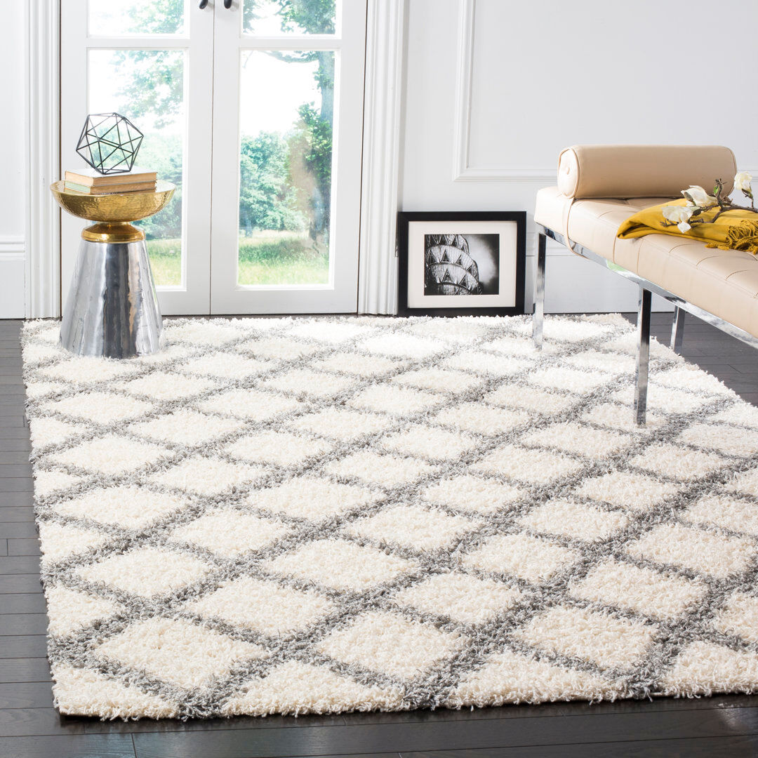 Ebern Designs Chihiro Geometric Hand Woven Area Rug Ivory/Grey Rectangle 183 x 274 cm