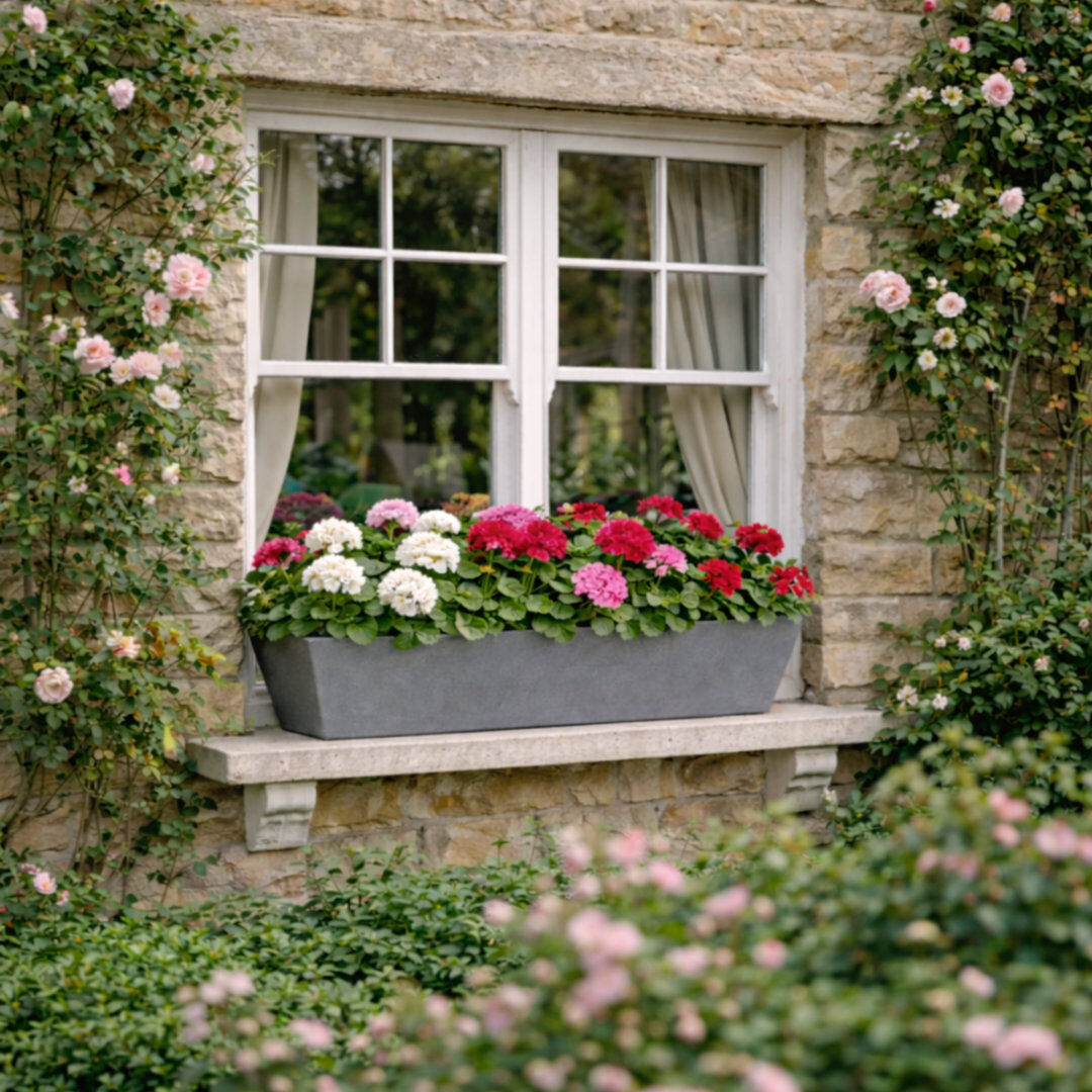 Dakota Fields Bini Window Box, Contemporary Concrete Effect Plant Pot, Outdoor Windowsill Planter with Drainage Plug Grey 21cm H x 23cm W x 65cm D