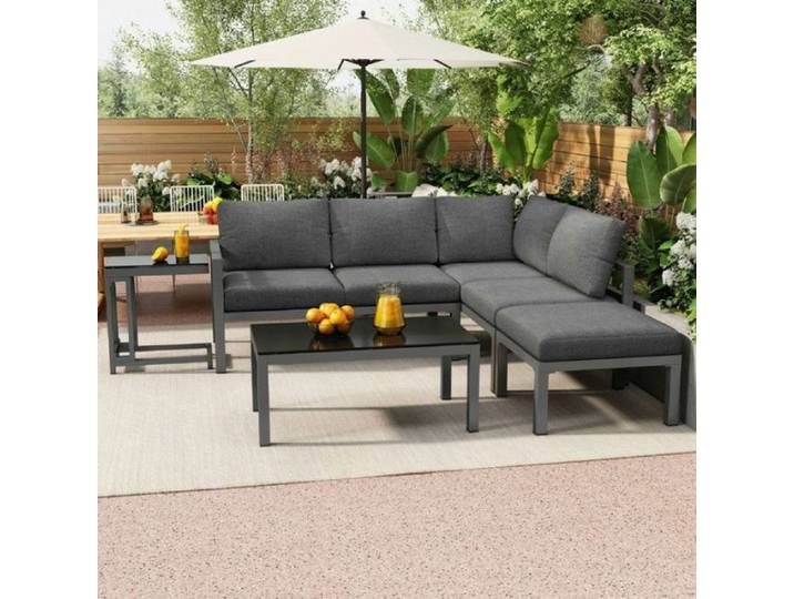 Ensemble salon jardin 5 places gris aluminium coussins 9 cm confortables mobilier complet pour terrasse et balcon