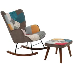 Patchwork Schaukelstuhl mit Fußhocker, Massivholz & Metallbeine, Ergonomisches Design, Komfort für Wohnzimmer, Bunt, 69x50x88 cm
