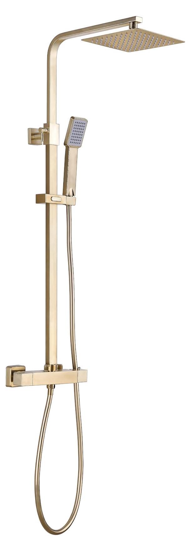 Duschset thermostatisch, 200 mm Regendusche, Handbrause, gebürstetes Messing