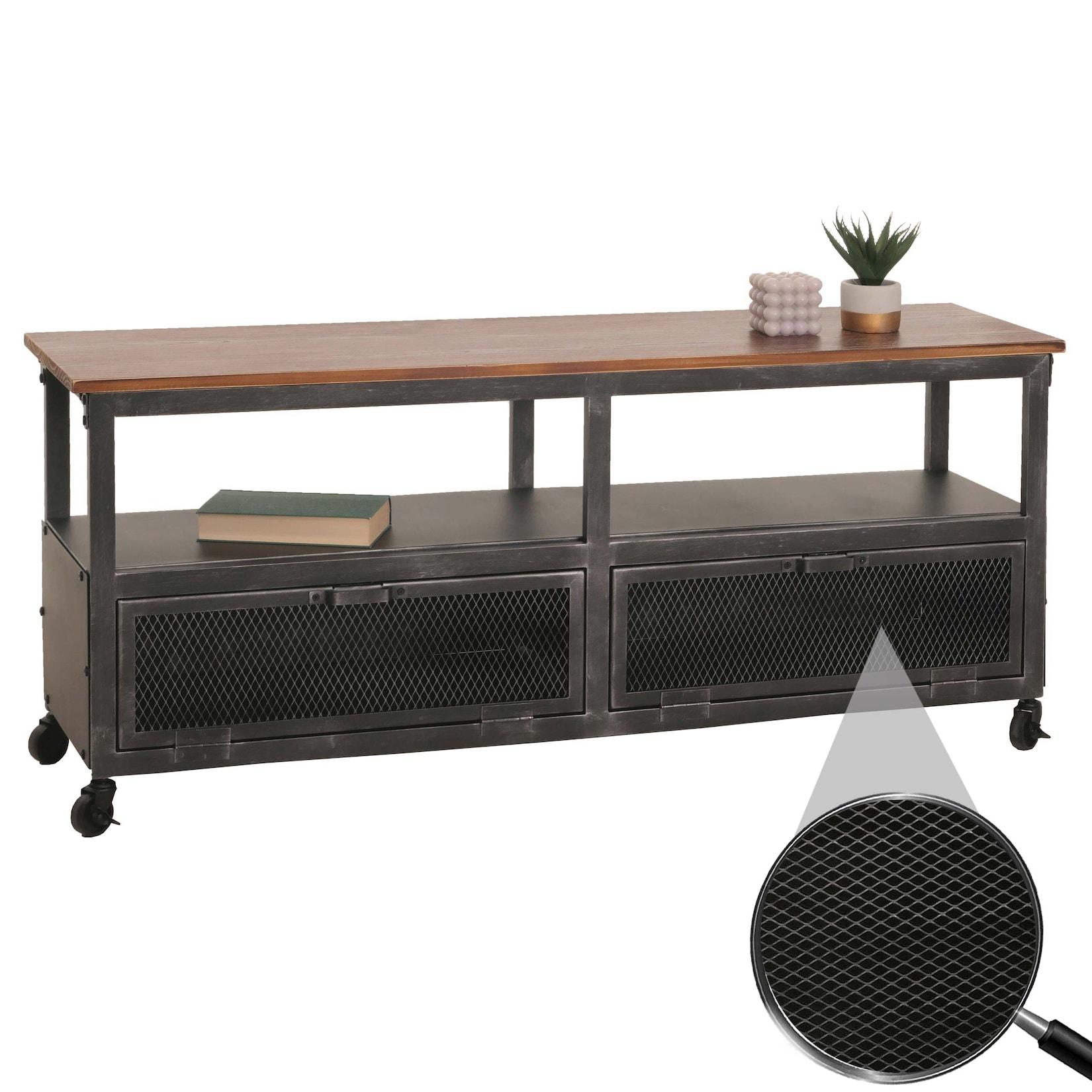 Lowboard MCW-N28, TV-Rack, Rollen 2 Fächer, 3D-Struktur Industrial Retro Metall Holz 55x130x36cm ~ schwarz, braun