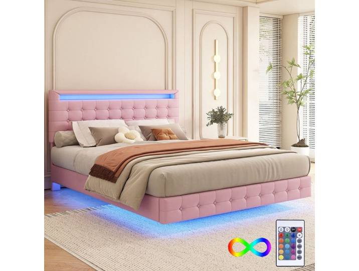 Lit 140x200 avec éclairage LED lit double suspendu avec tête de lit réglable cadre de lit rembourré 140X200 en PU avec sommier Rose