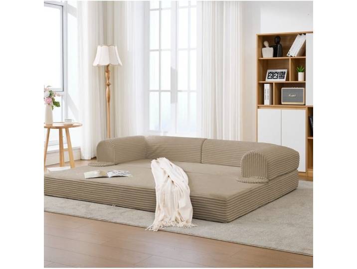 Canapé-lit 2 places convertible en futon tissu corduroy beige design gain de place