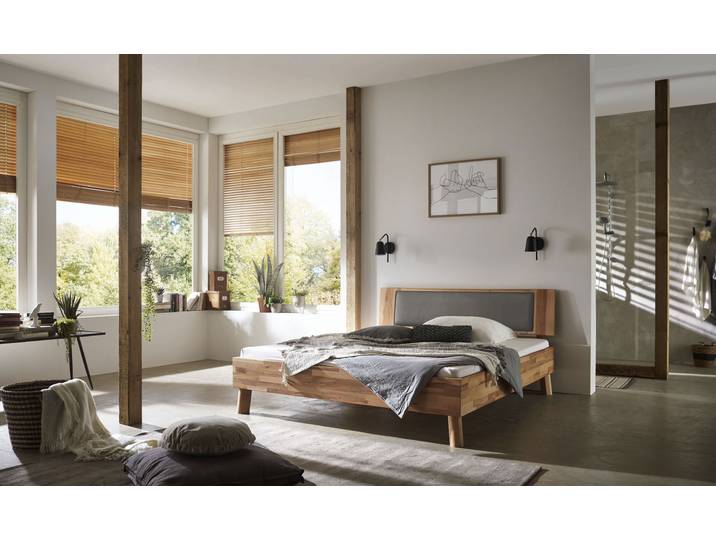 Massivholzbett HOME AFFAIRE Chavot IV inkl. gepolstertem Kopfteil , beige (kernbuche), B:166cm H:77cm L:208cm, Betten, Massivholzbett, wahlweise in Kernbuche oder Wildeiche erhältlich