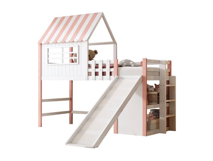 Okwish Hochbett 90/200 cm Rosa Dachboden-Design mit Rutsche und Staufächern, Holz, 90x200 cm, Babymöbel & Kindermöbel, Kinderzimmer & Jugendzimmer, Kinderbetten, Hochbetten