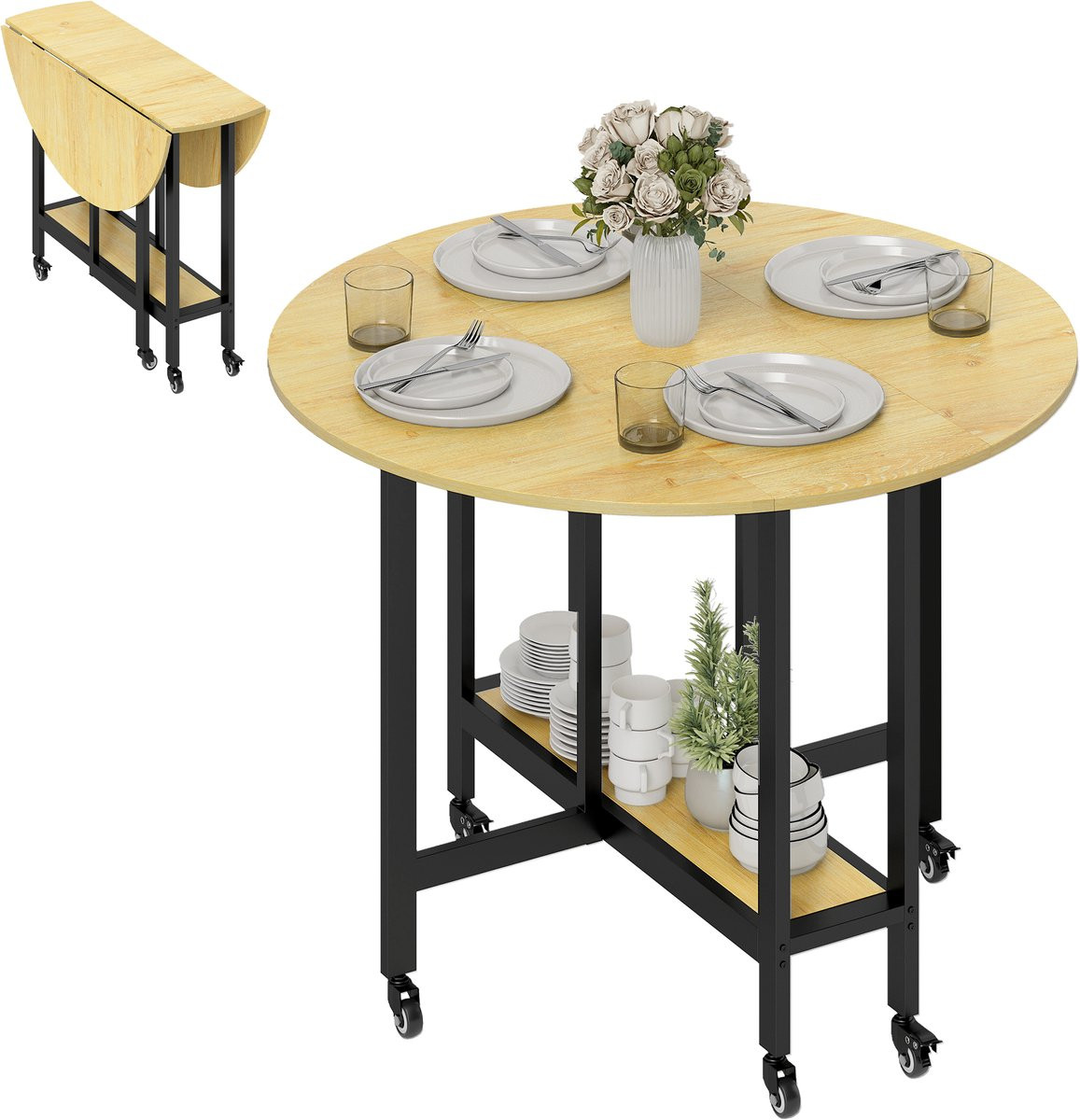 Homcom Opklapbare Eettafel in Eikenhout met Staal - B/D/H: 100 x 100 x 75 cm