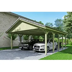 Skan Holz Wallgau - Satteldach Doppelcarport Breite 620 cm Gr. 0,5 - 620 x 500 cm Dachschalung mit Dachschindeln (schwarz) nussbaum Holzcarport