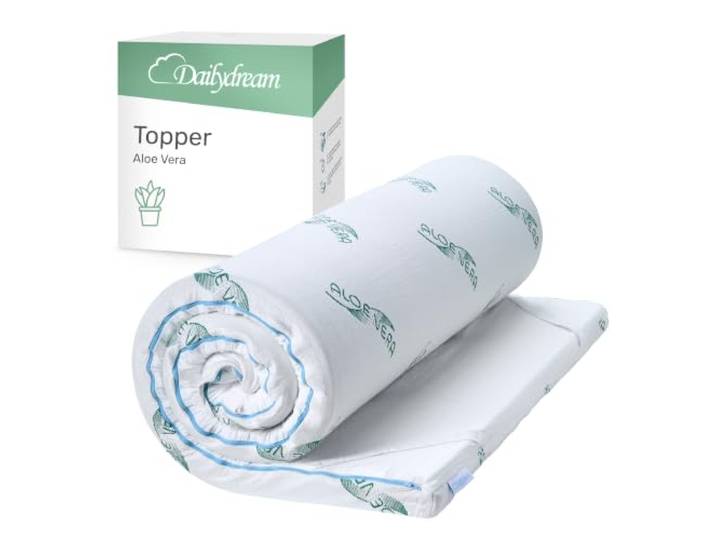 Dailydream Topper 90x200cm aus Memory Foam, 5 cm hoch Edition Aloe Vera, H1/2, weicher Matratzentopper mit waschbarem Bezug, Noppen und elastischen Bändern.