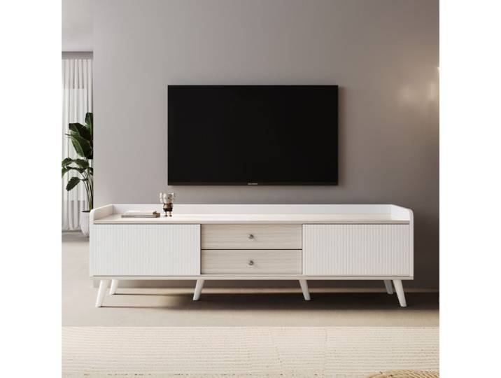 Meuble TV - SEYAKANY - table basse à deux portes coulissantes-160 x 40 x 58cm-blanc