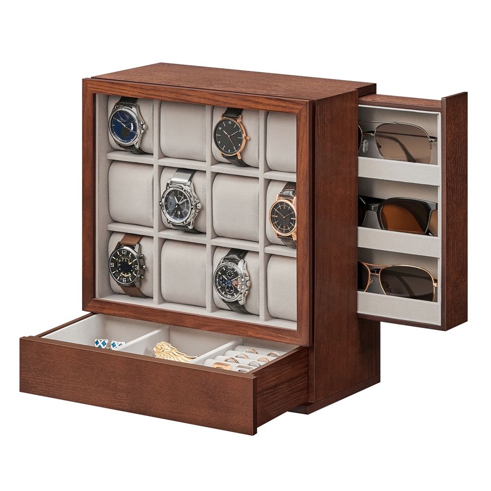 SONGMICS Uhrenbox 12 Fächer mit Fenster Geschenkidee kaffeebraun B34JOW014K01