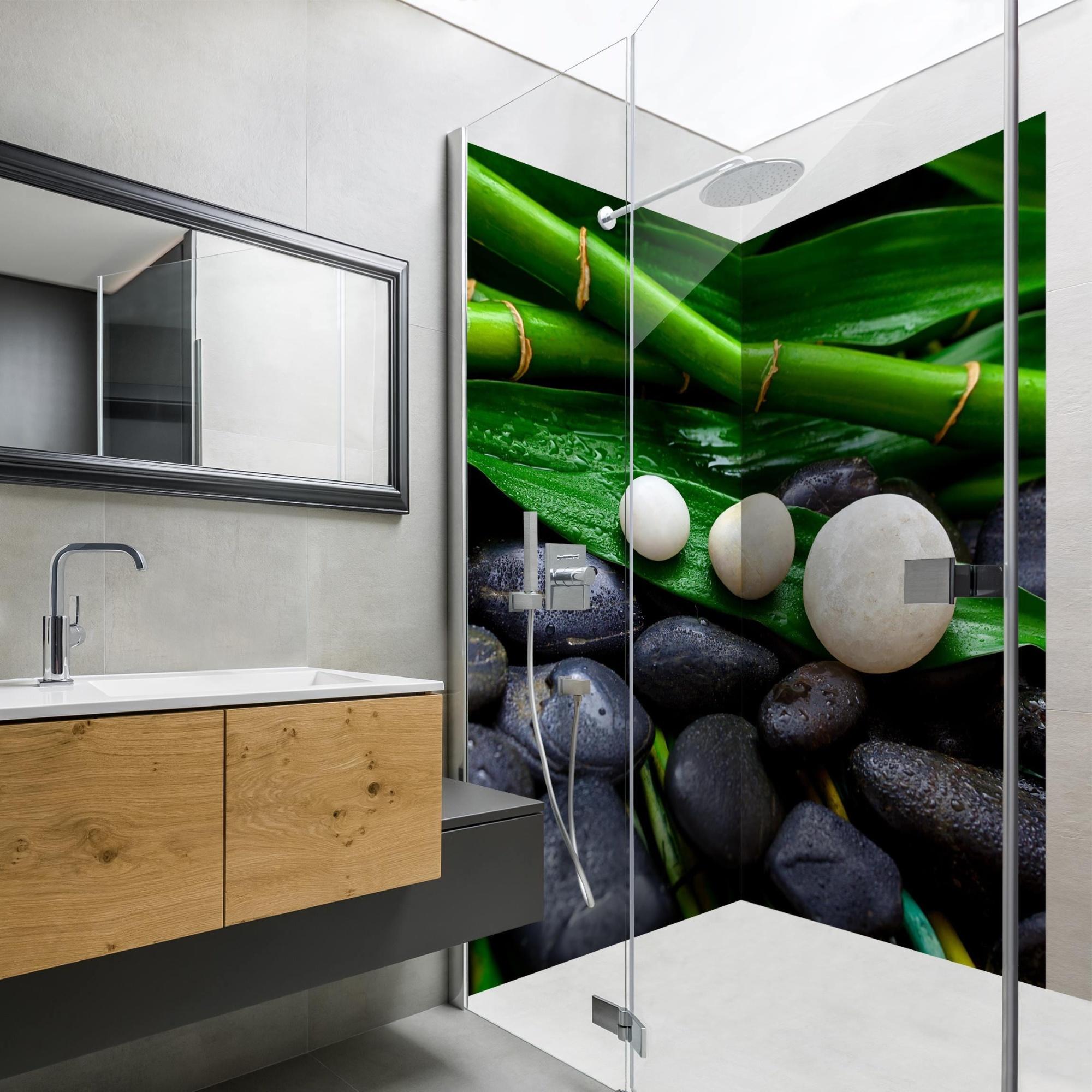 Duschrückwand Spirituell selbstklebend - 0.35 mm Wandpaneel wasserfest Meditation grün Steinoptik Motiv Badrückwand fugenlos Smart matt 110x210 cm
