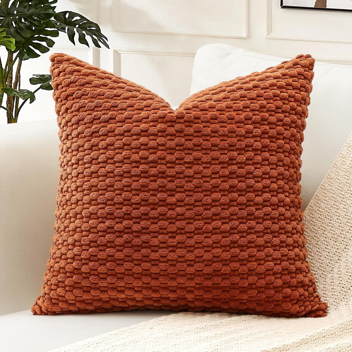 Decoratieve Corduroy Kussenhoes met Pompons 60x60 cm - Zacht Gestreept Boho Sierkussen