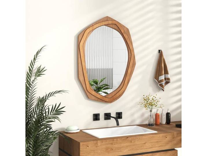 RELAX4LIFE Miroir Mural Irrégulier de Salle de Bain avec Cadre en Bois Miroir Cosmétique Décoratif Naturel 89 5 x 66 cm