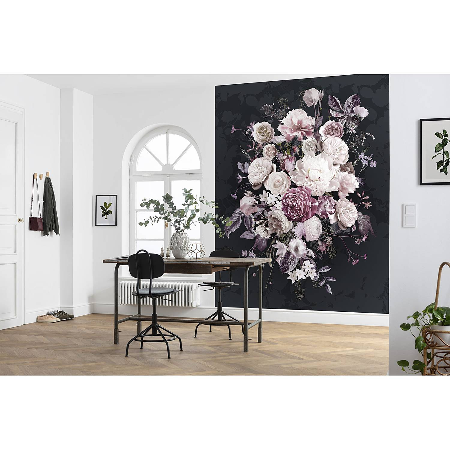 home24 Fotobehang Bouquet Noir, Modern Botanisch Mural, Multicolour en Zwart, B: 200 cm, H: 250 cm