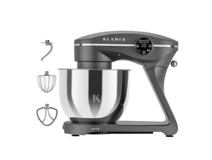 KLAMER Küchenmaschine 1800W, 6L Edelstahl-Schüssel, Knetmaschine mit 10 Geschwindigkeiten & Timer, grau, 1800 W, 6 l Schüssel, Spritzschutz, 3 Werkzeuge, Saugfüße, digitales Display, Timer