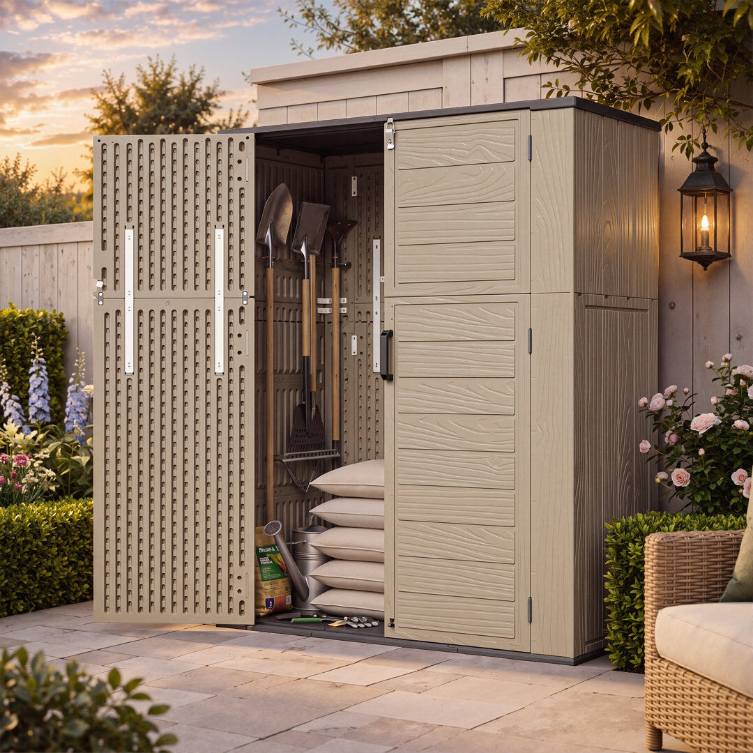 JolyDale Plastic Outdoor Storage Shed Vertical Storage Cabinet Brown 142cm W X 67cm D X 176cm H