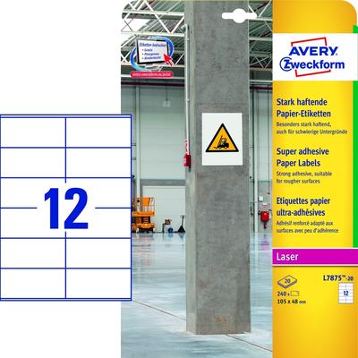 Avery Zweckform Papier-Etiketten stark haftend 105x48mm VE=20 Bogen/240 Etiketten weiß