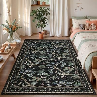 Garvee Modern Crane Botanical Non-Slip Washable Area Rug for Living Room