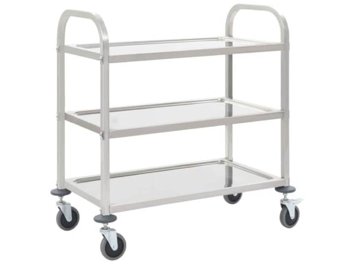 GKDERWTYG 3-Stufiger Servierwagen 95x45x83,5 cm Edelstahl mit Rollen Edelstahlrahmen, 3 Tabletts, 2 Bremsen, leichtgängige Rollen, einfache Montage, Küche und Party