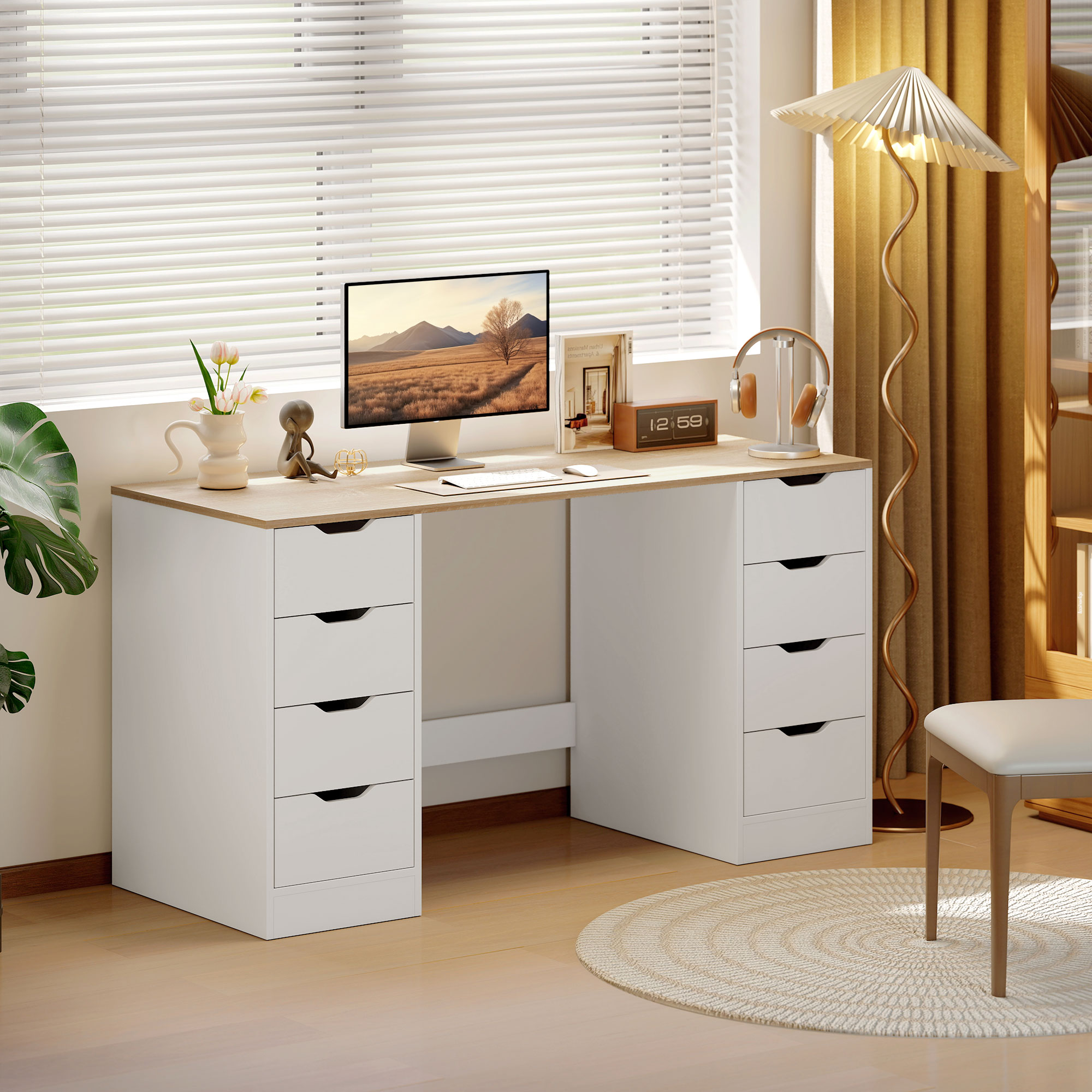 Homcom Scrivania con 8 cassetti, salvaspazio e stabile, 140 c, Bianco e Legno naturale   Aosom Italy