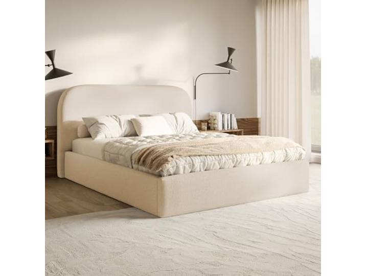 MOTIVENA Mono Bett 180x200 Beige Boucle, mit Stauraum, mit Kopfteil, mit Lattenrost, ohne Füße, ohne Matratze, Polsterbett 180x200 mit Bettkasten Beige