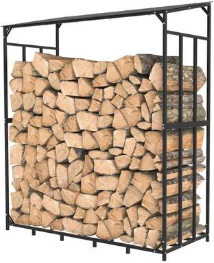 DynamicDeals Heavy Duty Tall Metal Firewood Rack With Top Cover, Outdoor Wood Storage Stacking Stand For Deck & Backyard black