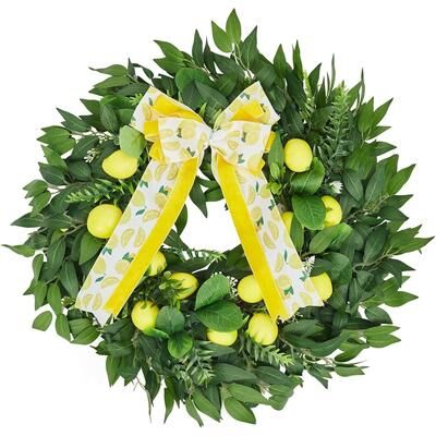 YUN "24"" Artificial Lemon Wreath with Yellow Lemons, Bow and Greenery for Front Door Wall Decor - yellow 24inch"