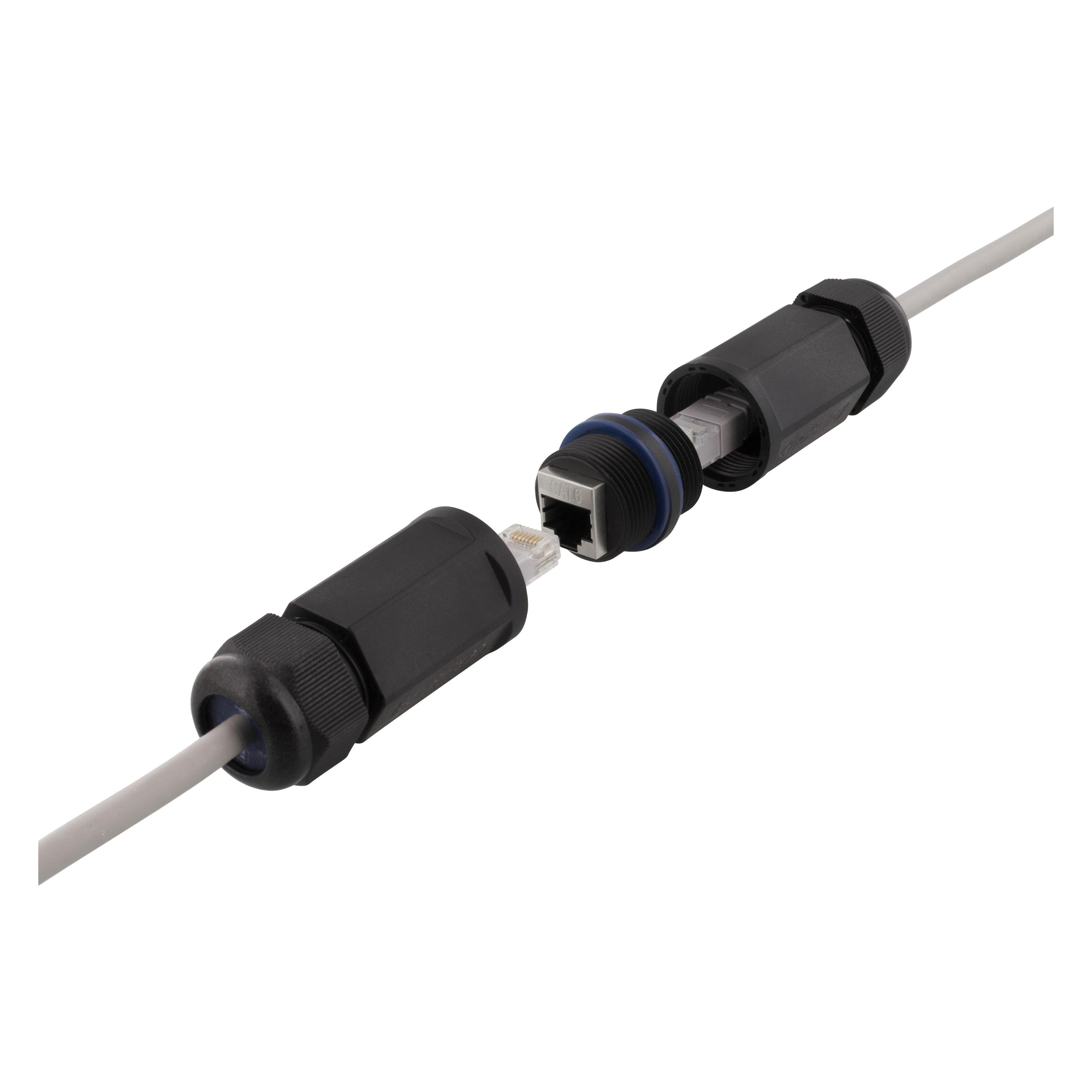 Deltaco waterproof coupler 2x Cat6 RJ45 jacks shielded IP67 black (LD-001)