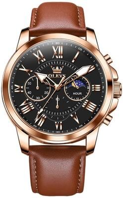 Everyday Crate OLEVS 9998 Mens Quartz Watch Diamond Dial Waterproof Leather Business Watch With Dual Calendar brown + Rose Gold Black