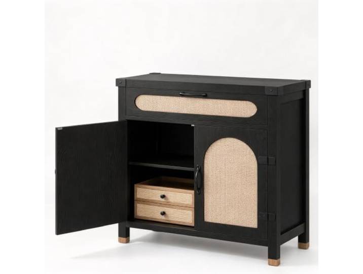 GarveeHome Rattan-Sideboard Schwarz 2 Türen 1 Schublade Boho Flur Schmale Bauform, modernes Muster, vielseitige Nutzung, zusätzlicher Stauraum