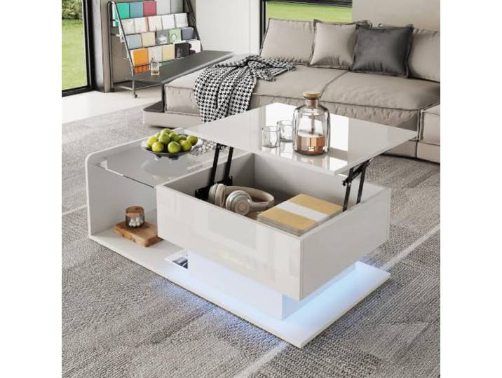 Weiß Hochglanz Couchtisch mit Glasplatte & LED App-Steuerung, 100x50x33cm Multifunktionaler Wohnzimmertisch für Arbeit & Entspannung, Höhenverstellbar, Sicherheitsglas, offener & versteckter Stauraum