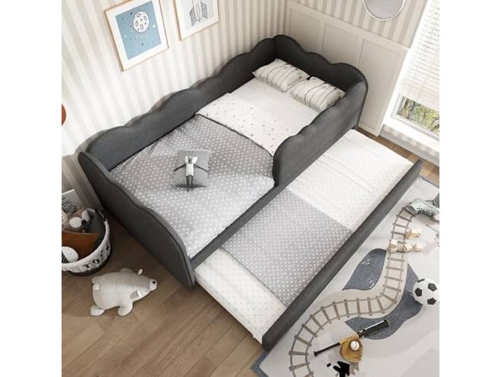 FAVSH Ausziehbett 90x190 cm, Daybett Tagesbett Schlafsofa, Einzelbett mit Lattenrost, Bett Jugendbett Gästebett, Leinen, Grau, ohne Matratze