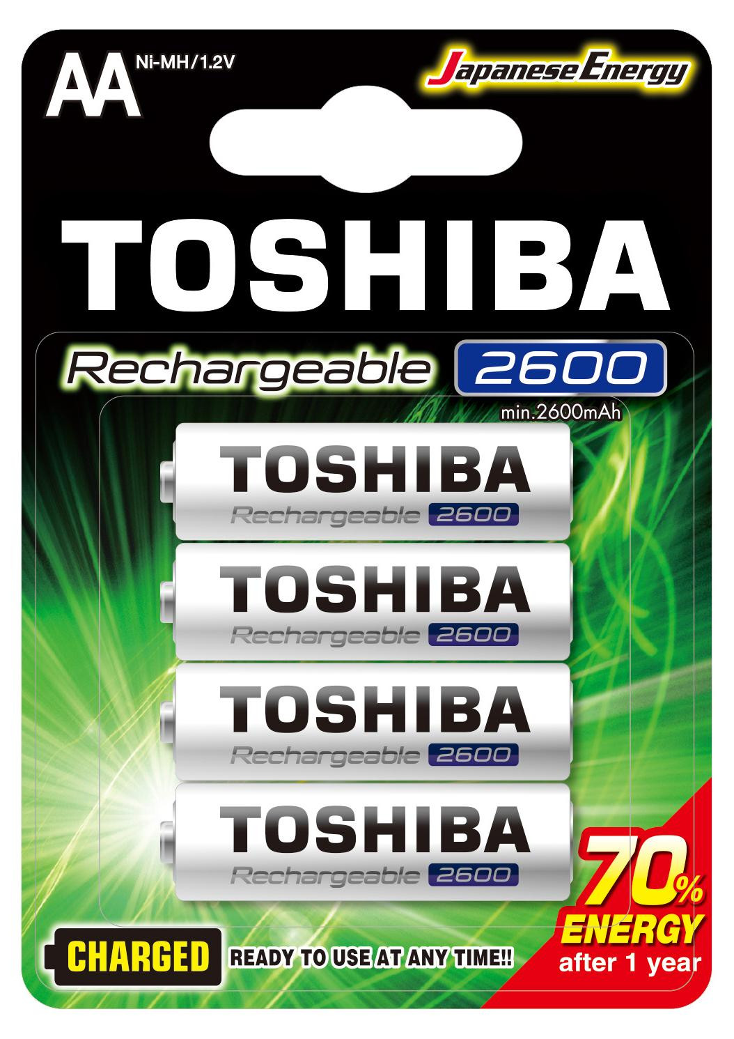 Toshiba Oplaadbare AA-batterijen, 2600mAh, 4 stuks, Ready to Use