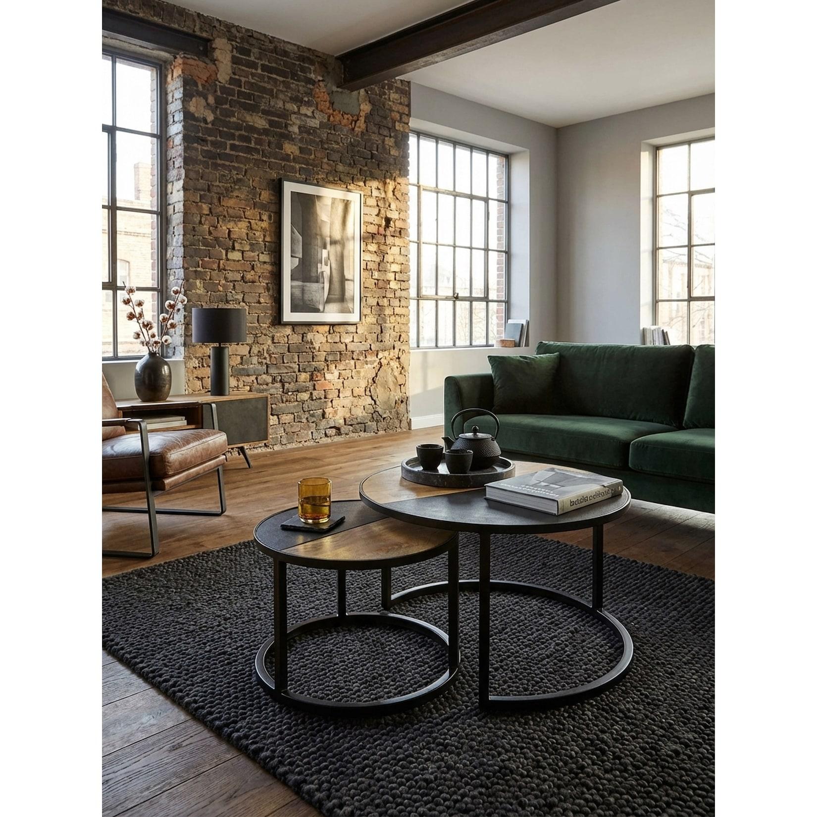 Couchtisch Set – Rund Mango Massivholz Metall Steinoptik 2-teilig