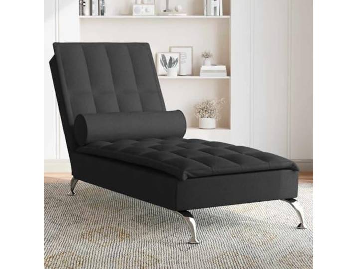 LPERTGFHU Chaiselongue mit Massagefunktion, Stoffliege Schwarz/Metallbeine Inklusive Nackenrolle, Mit 1 Massagepunkt, USB-Anschluss, Kompakter Liegestuhl