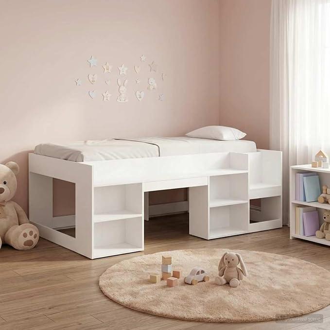 Kinderbett mit Stauraum, Weiß, Regale, Lattenrost, 98,5x200 cm, für Kinder, Moderne Schlafzimmer