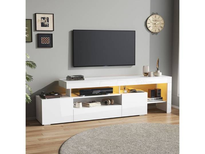 Meuble TV 3 tiroirs éclairage LED Blanc laqué brillant 192 x 37 x 53cm