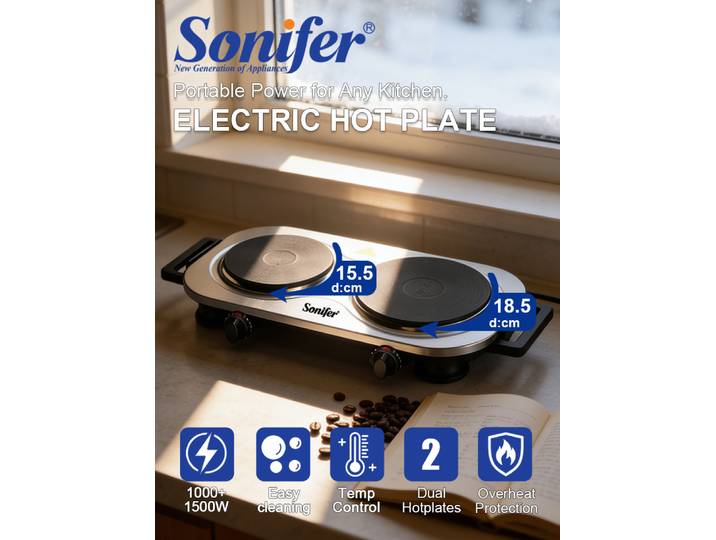 Plaque chauffante électrique double Sonifer SF-3077 2500W, double brûleur avec poignée pliable, panneau en acier inoxydable, cuisinière 220V