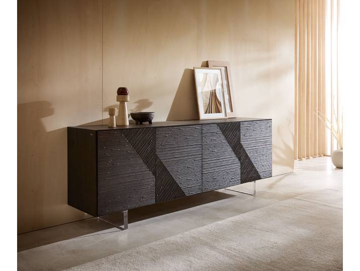 Sideboard Tereos 200 cm Esche Dunkelbraun 3D Effekt 4 Türen Fuß Schwebeoptik Acrylglas, Sideboards