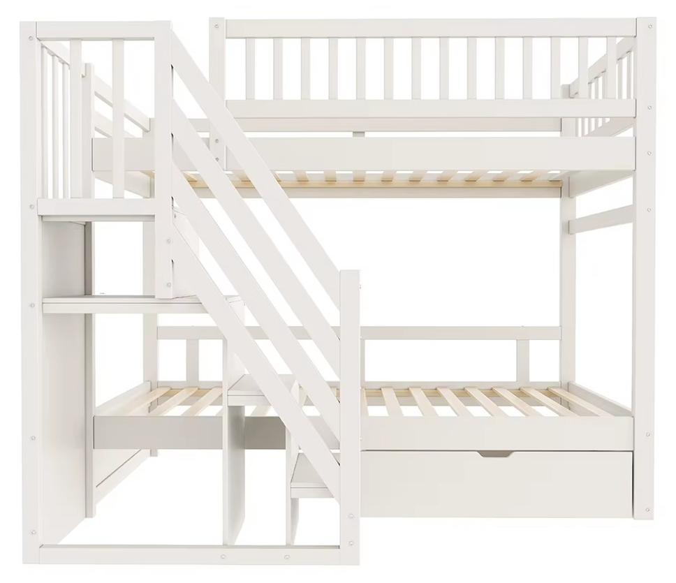 Bodenbett - Kinderbett - 90 x 200 cm - Hohes Sicherheitsgitter - Lattenrost - Leiter - Stauraum - Weiß