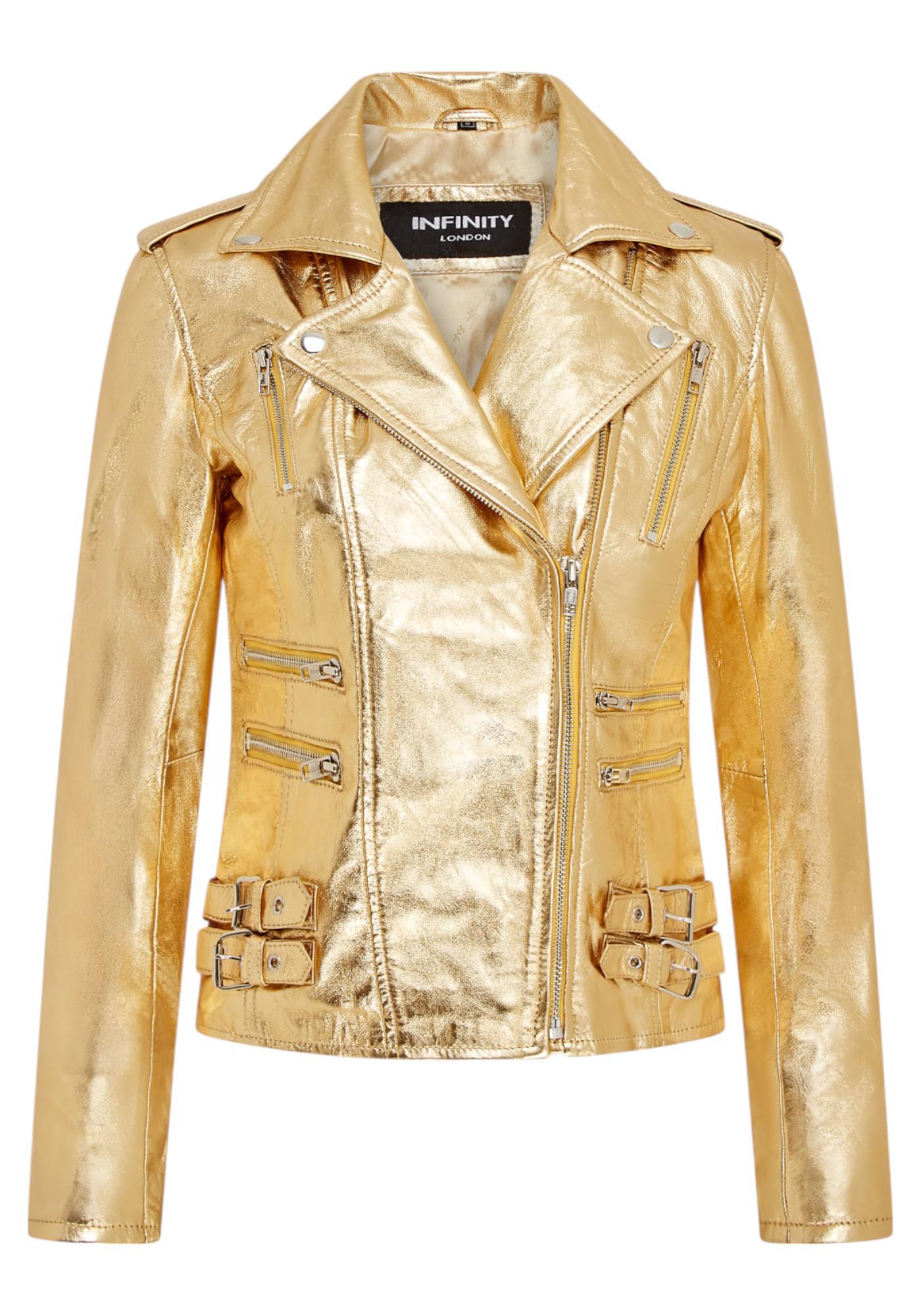 Infinity Leather Brando Bikerjacke aus Leder, taillierter Schnitt - Gold