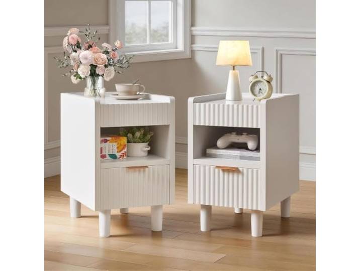 Twwhshf-ou 2er-Pack Nachttische aus Walnussholz mit Schublade und Regal, Tisch im geriffelten Design(White)