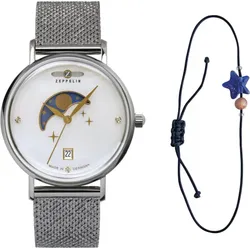 Zeppelin Damenuhr Luna 7133M1 - Weißes Ziffernblatt mit 3 Swarovski-Kristallen und 3 goldenen Sternchen,-,silber - 36mm