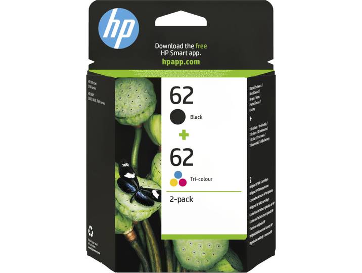 HP 62 pack de 2 cartouches authentiques d'encre noire / trois couleurs, Rendement standard, Noir, Cyan, Magenta, Jaune, Encre à pigments, Encre à colo