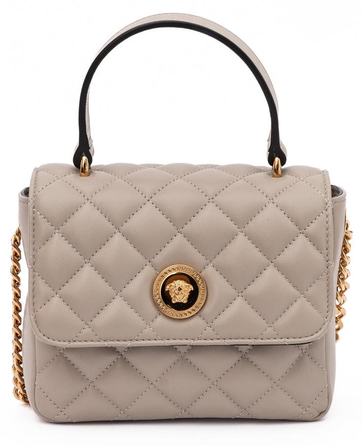 Versace matelassierte Handtasche Lammleder taupe mit Kette