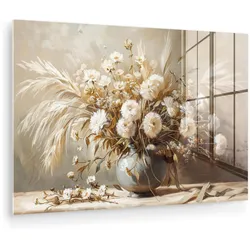 ACRYLGLASBILD Blumen - Vase - Stilleben - Beige Room Decor 90x60 cm